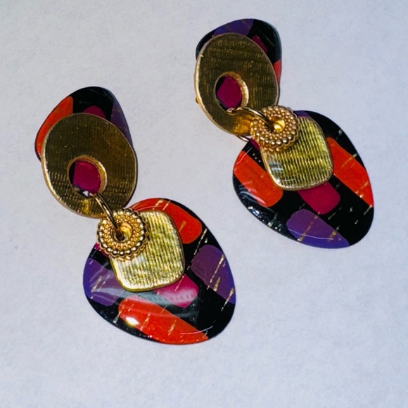 MAM VINTAGE CLIP EARRINGS 80s TEARDROP WITH GOLDEN ACCENTS UNIQUE MADE IN DALLAS - Picture 7 of 7